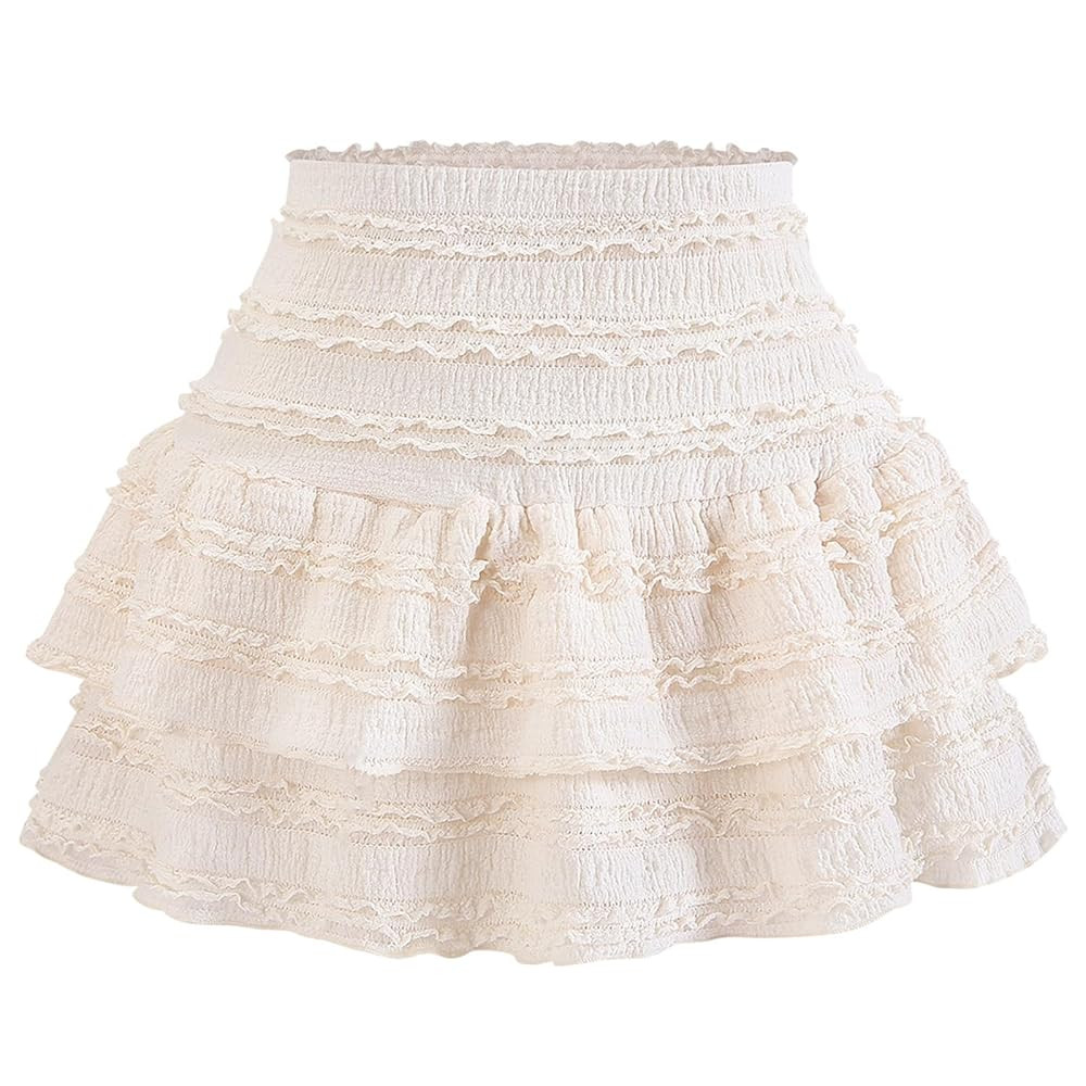 Women's Pleated Ruffle Mini Skirt Lace High Waist Layered Flared Flowy Tiered Short Skirt | Amazon (US)