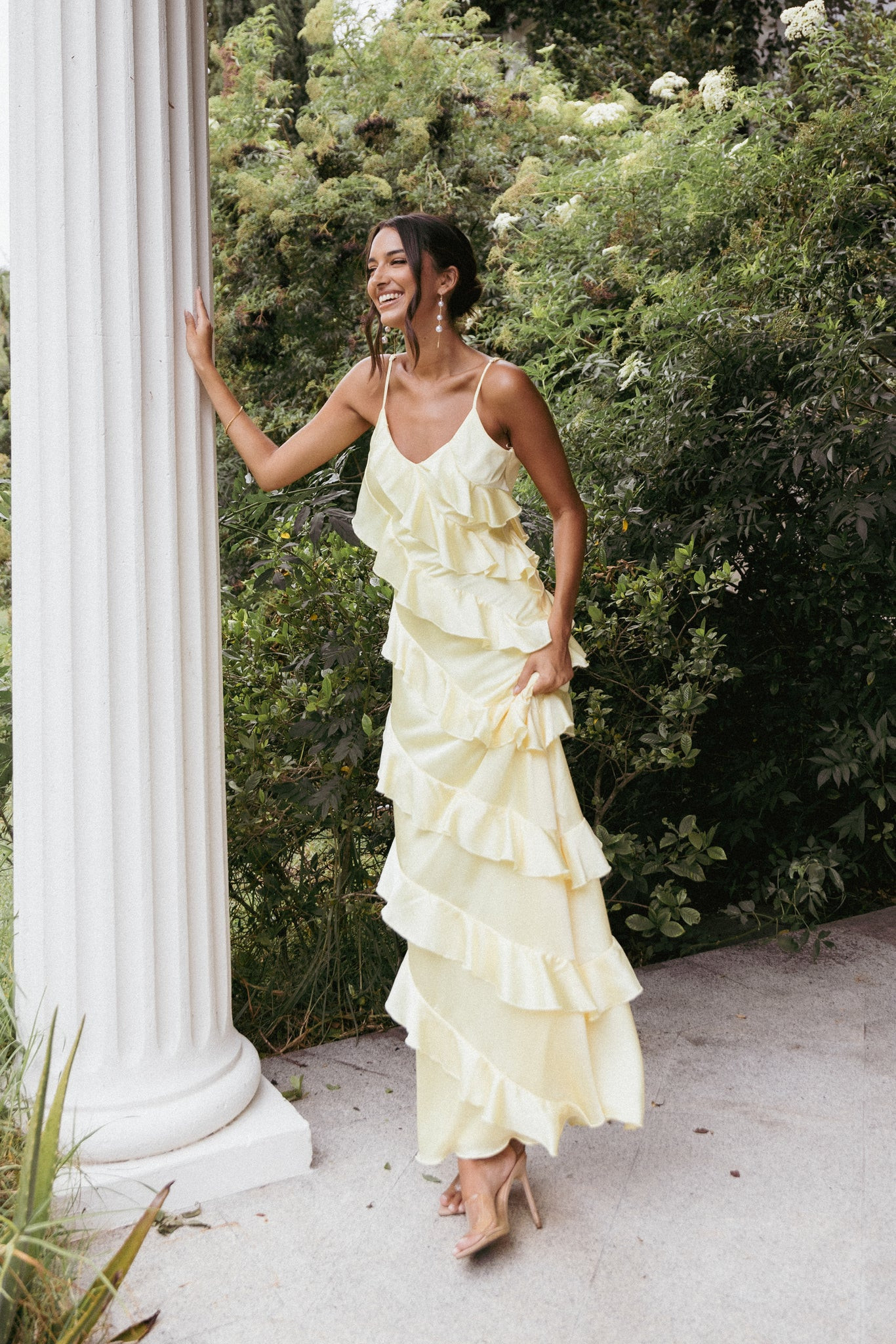 Ciao Ruffles Maxi Satin Dress - Pale Yellow | Petal & Pup (US)