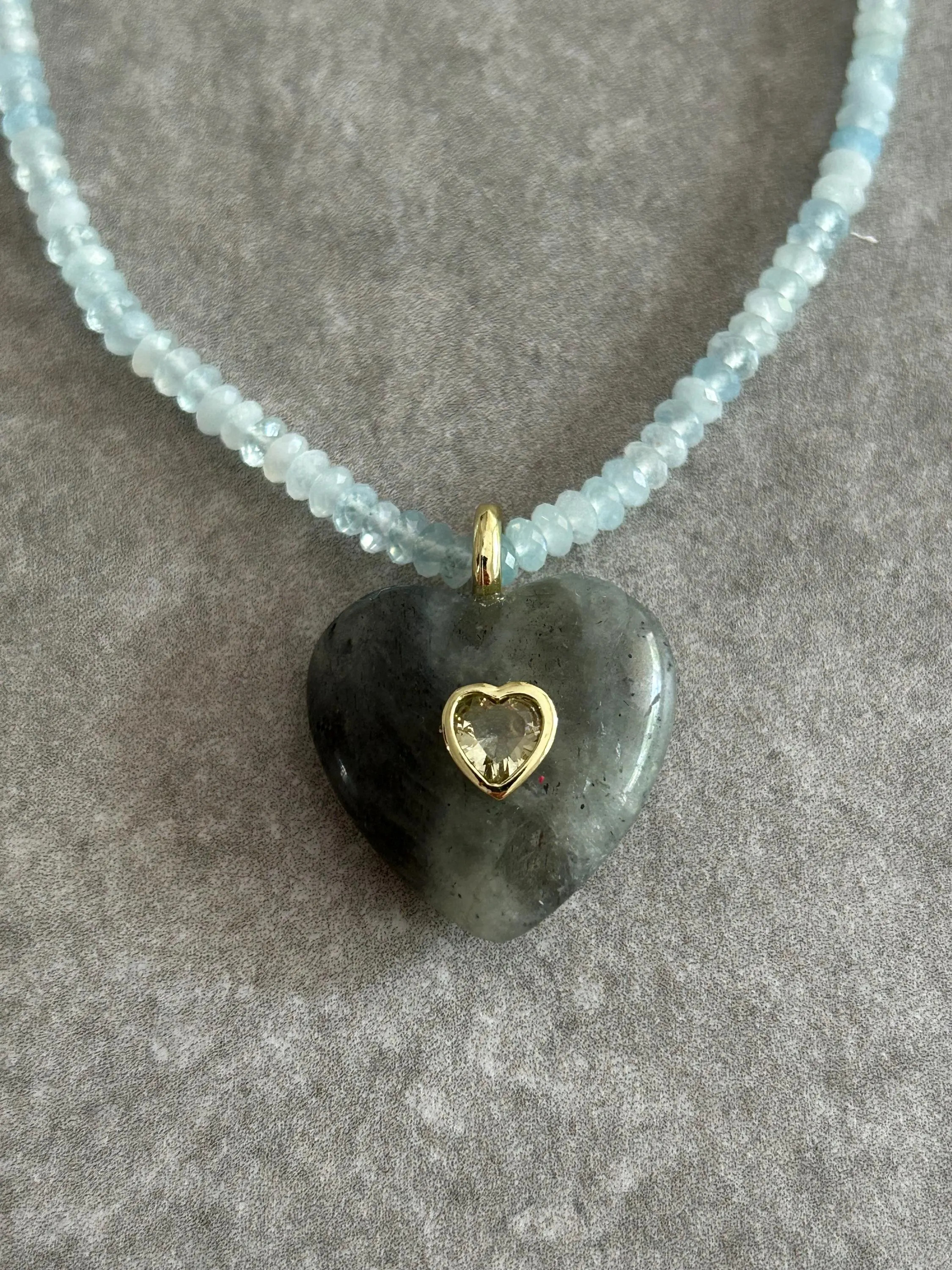 Aquamarine Beaded Necklace with Labradorite Heart Pendant | Genuine Gemstone Necklace | Birthstone Gift for Her | Etsy (Global)