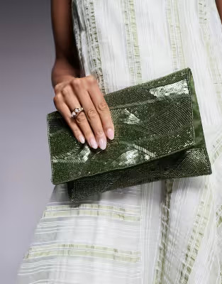 True Decadence sequin pattern envelope clutch bag in green | ASOS (Global)