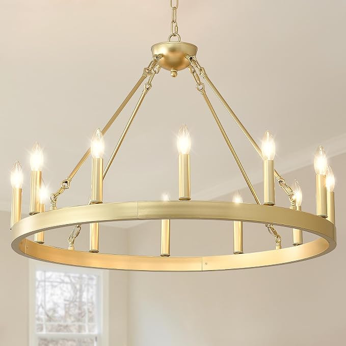 Gold Wagon Wheel Chandelier Farmhouse 32-Inch, 12-Light Modern Gold Chandelier for Dining Room, R... | Amazon (US)