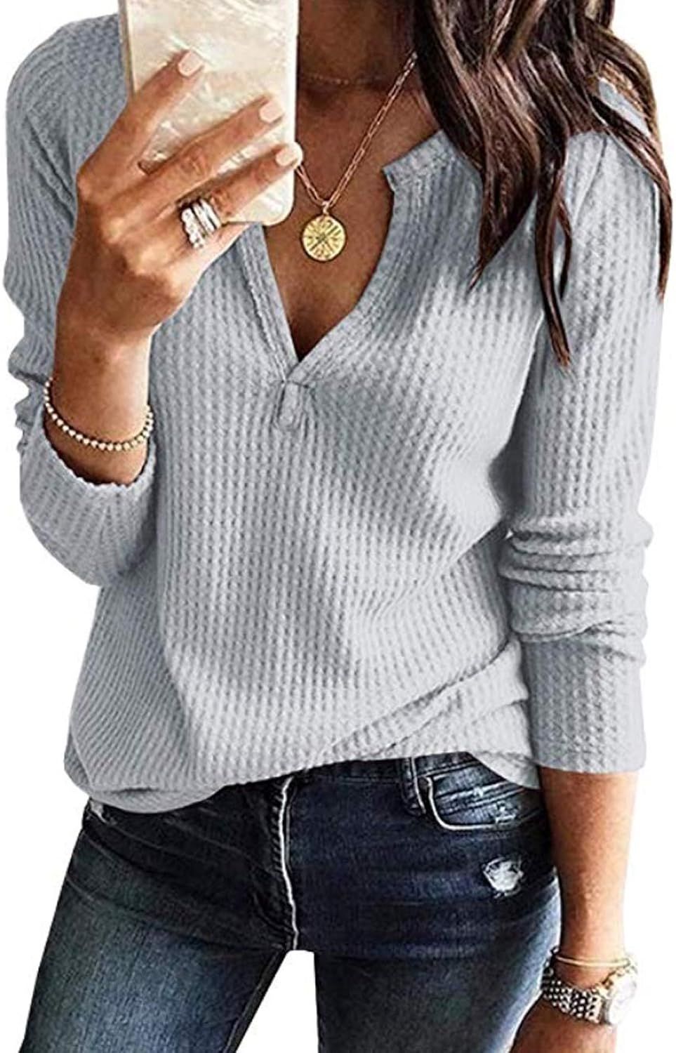 Famulily Womens Long Sleeve Tshirt V Neck Loose Fit Soft Waffle Knit Thermal Tops | Amazon (US)