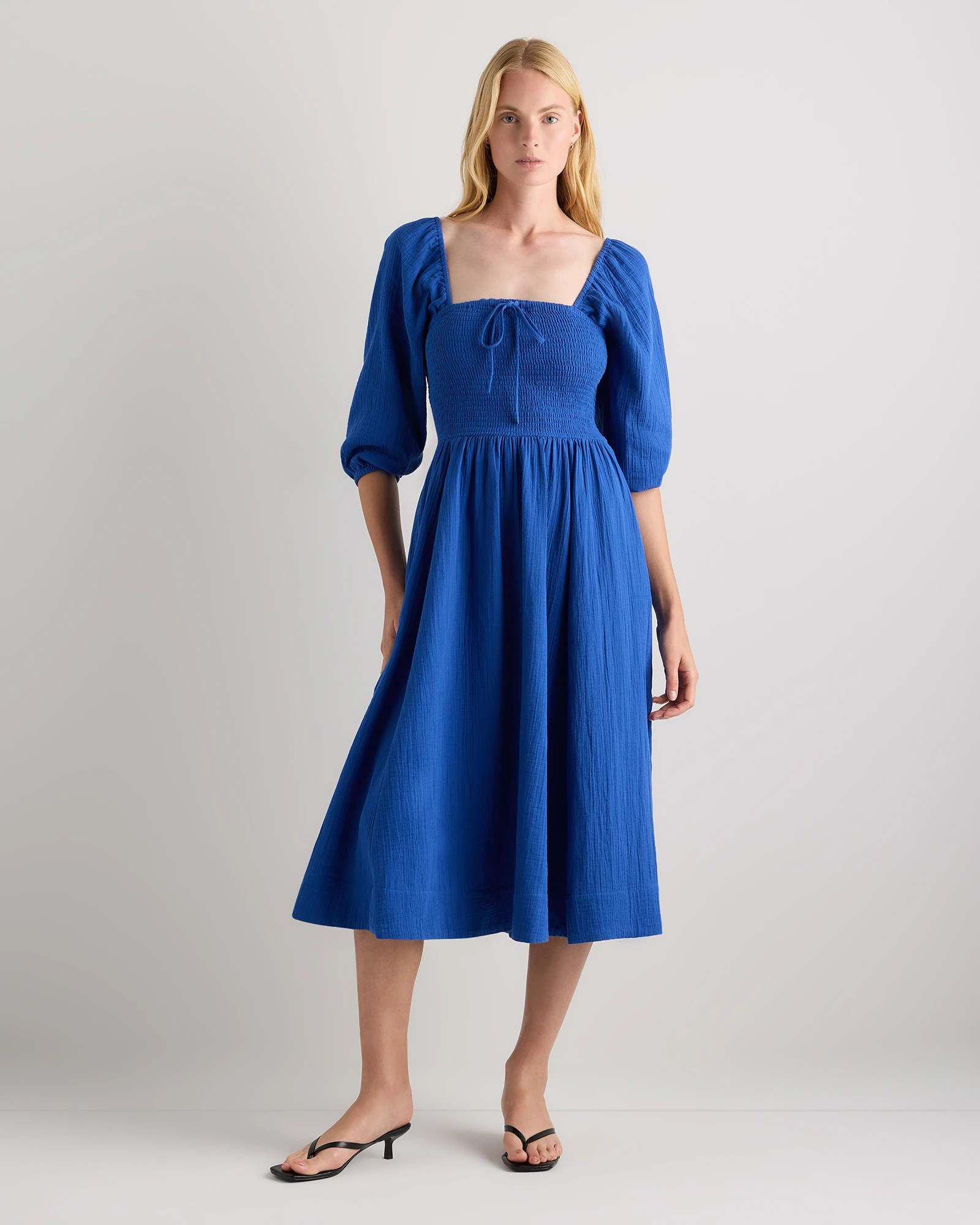 100% Organic Cotton Gauze Smocked Square Neck Midi Dress | Quince