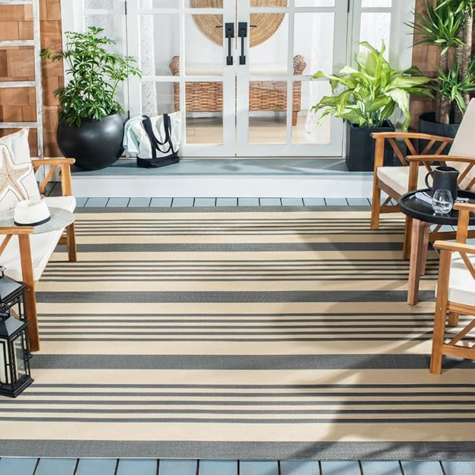 SAFAVIEH Courtyard Collection Area Rug - 8' x 11', Grey & Bone, Stripe Design, Non-Shedding & Eas... | Amazon (US)