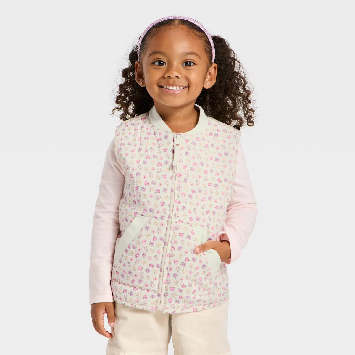 Toddler Girls' Floral Quilted Puffer Vest - Cat & Jack™ Cream | Target