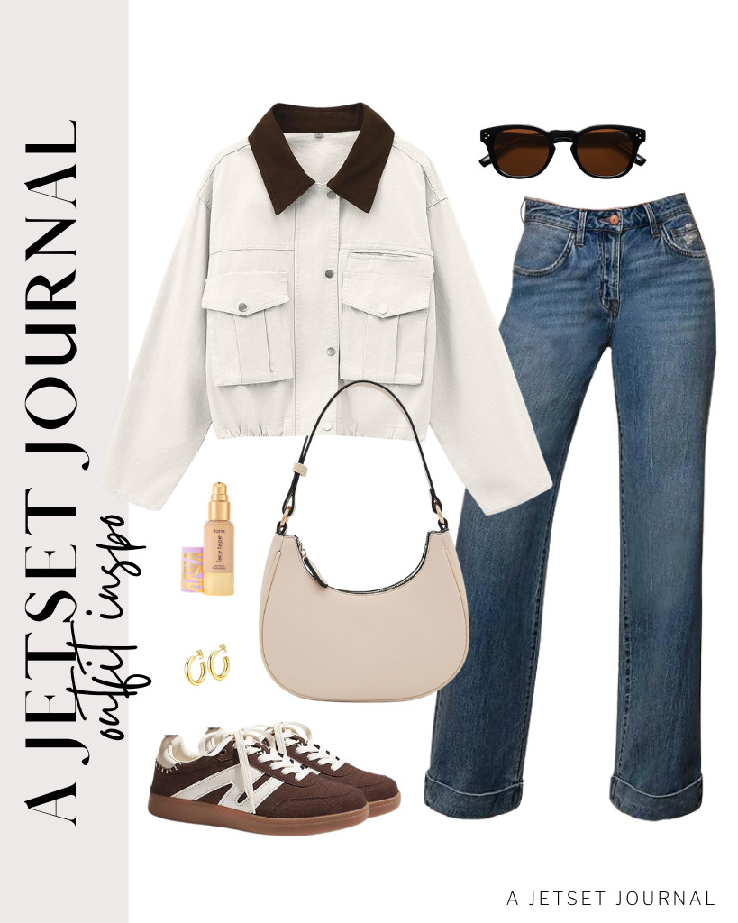 I love the look of this cream barn jacket with a brown collar, which pairs perfectly with high-waisted jeans. You can accessorize it with LUCKY STEP retro fashion sneakers and a crescent-shaped shoulder bag. 

 #LTKSeasonal #LTKSaleAlert #LTKTravel