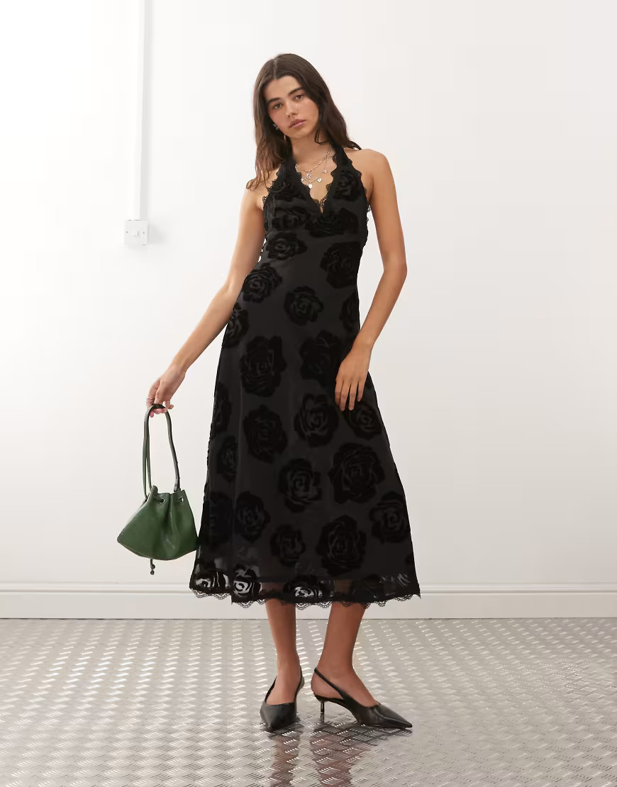 Lioness Stars Align halterneck lace trim open back devore dress in black rose print | ASOS (Global)