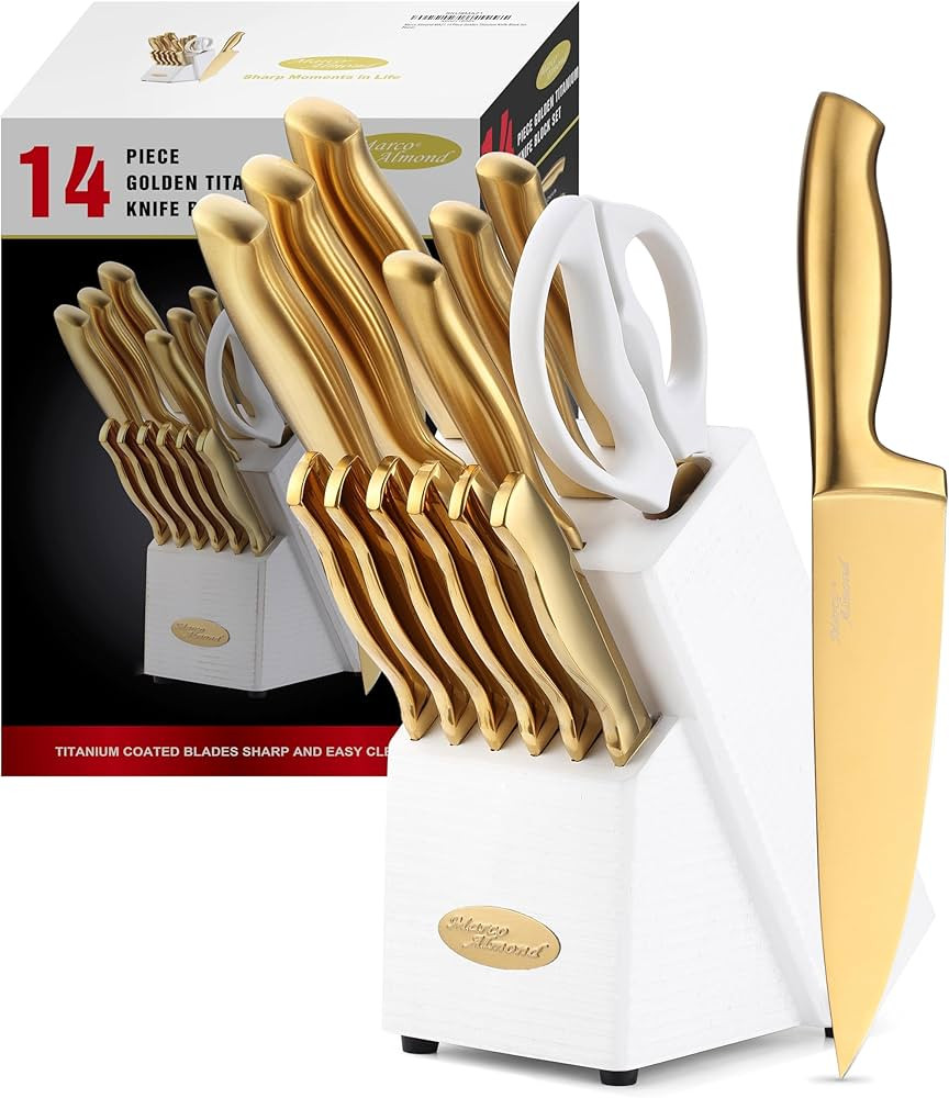 Marco Almond® Gold Knife Set, Knife Block Set MA21,Titanium Coated 14 Pieces Stainless Steel Che... | Amazon (US)