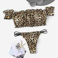 Leopard Off Shoulder Top With Tanga Bikini Set | SHEIN