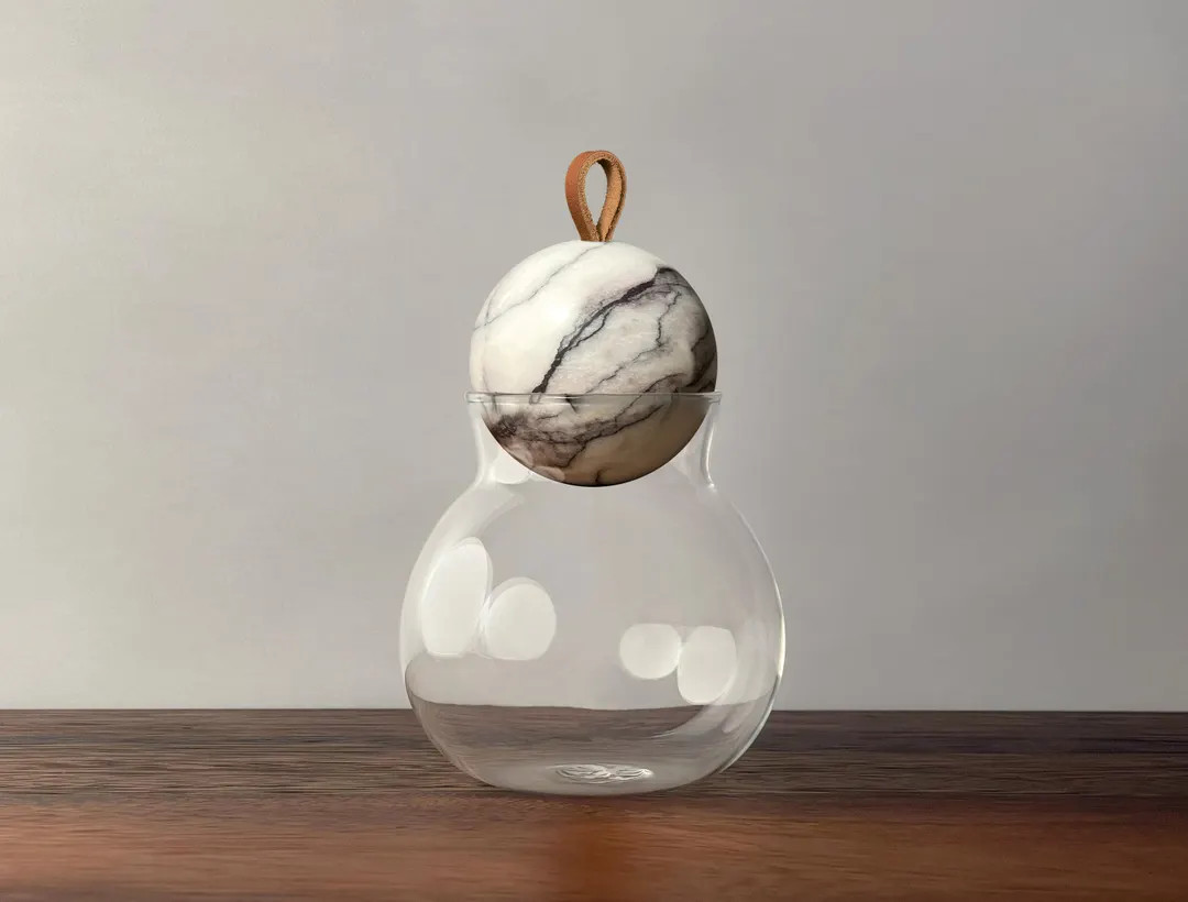 Decorative Spherical Glass Container/jar With Natural Marble or Lava Stone Ball Lid and Inset Lea... | Etsy (US)