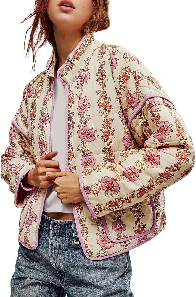Wyeysyt Women's Cropped Quilted Jacket Floral Print Puffer Jackets Open Front Lightweight Jacket | Amazon (US)