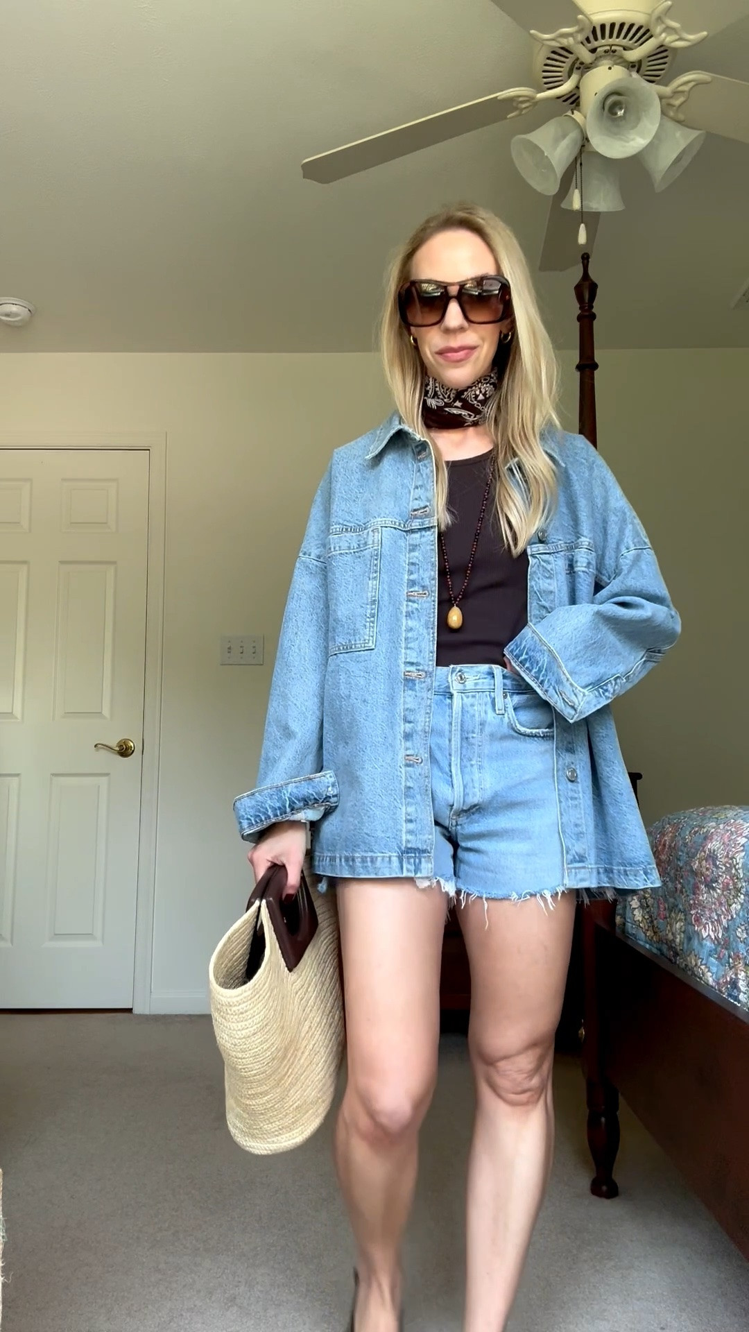 Transitional outfit, denim on denim, all denim outfit, oversized denim shirt, bandana scarf, straw tote bag

#LTKSeasonal #LTKOver40 #LTKSaleAlert