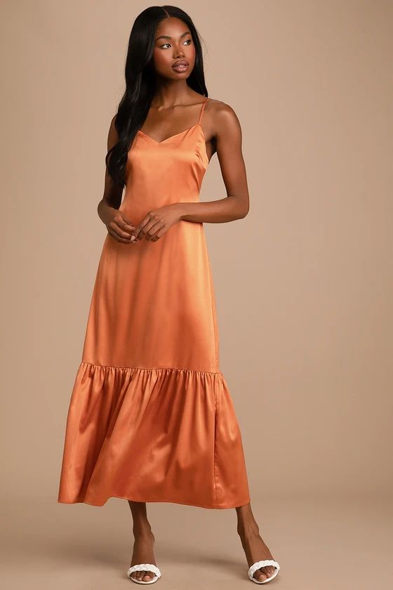 Because of You Rust Orange Satin Tiered Maxi Dress | Lulus (US)
