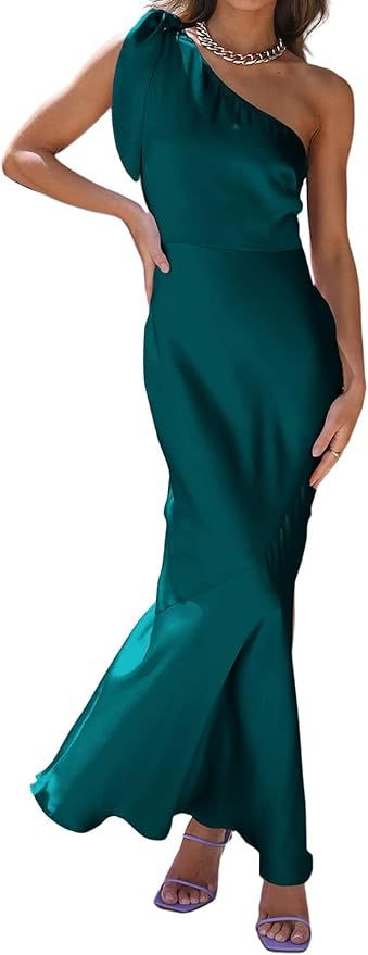 PRETTYGARDEN Women's 2023 Summer One Shoulder Knot Dresses Wedding Guest Maxi Bodycon Dress Split... | Amazon (US)