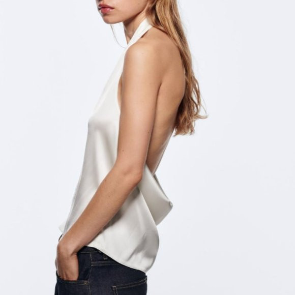 ZARA ASYMMETRIC SATIN EFFECT HALTER LOW BACK TOP S | Poshmark