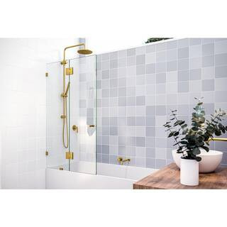 Halo 34 in. W x 58.25 in. H Glass Hinged Frameless Tub Door in Satin Brass with Clear Glass | The Home Depot