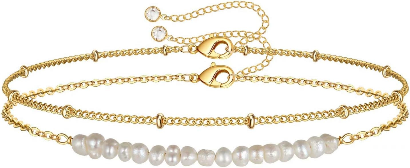 Dainty Gold Bracelets for Women, 14K Gold Filled Adjustable Layered Bracelet Cute Evil Eye Oval C... | Amazon (US)