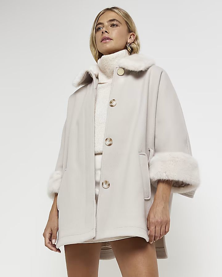 Cream faux fur trim cape coat | River Island (UK & IE)
