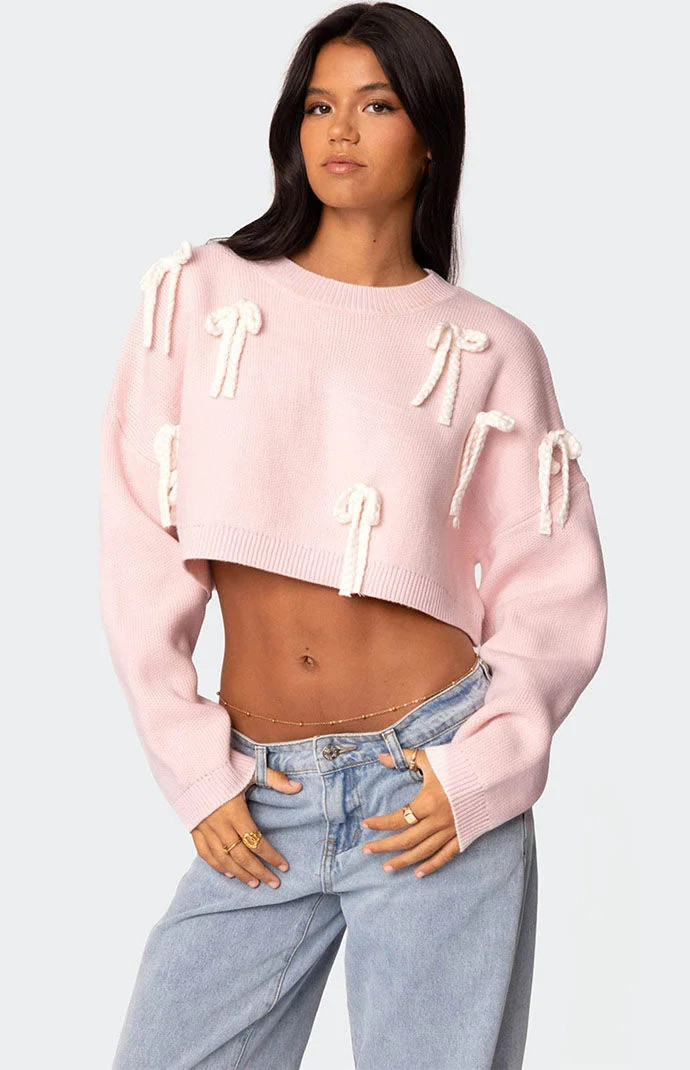 Edikted Women's Chunky Bow Cropped Sweater in Pink - Size Small | PacSun