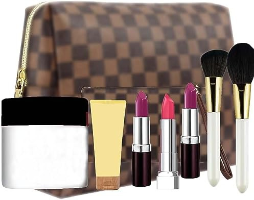 Makeup Bag, Cosmetic Bag, Portable Leather Large Checkered Makeup Bag, 2 Pack Large Capacity Trav... | Amazon (US)
