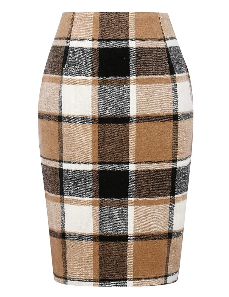 IDEALSANXUN Midi Plaid Skirts for Women Fall Winter Knee Length Pencil Wool Skirt with Slit | Amazon (US)