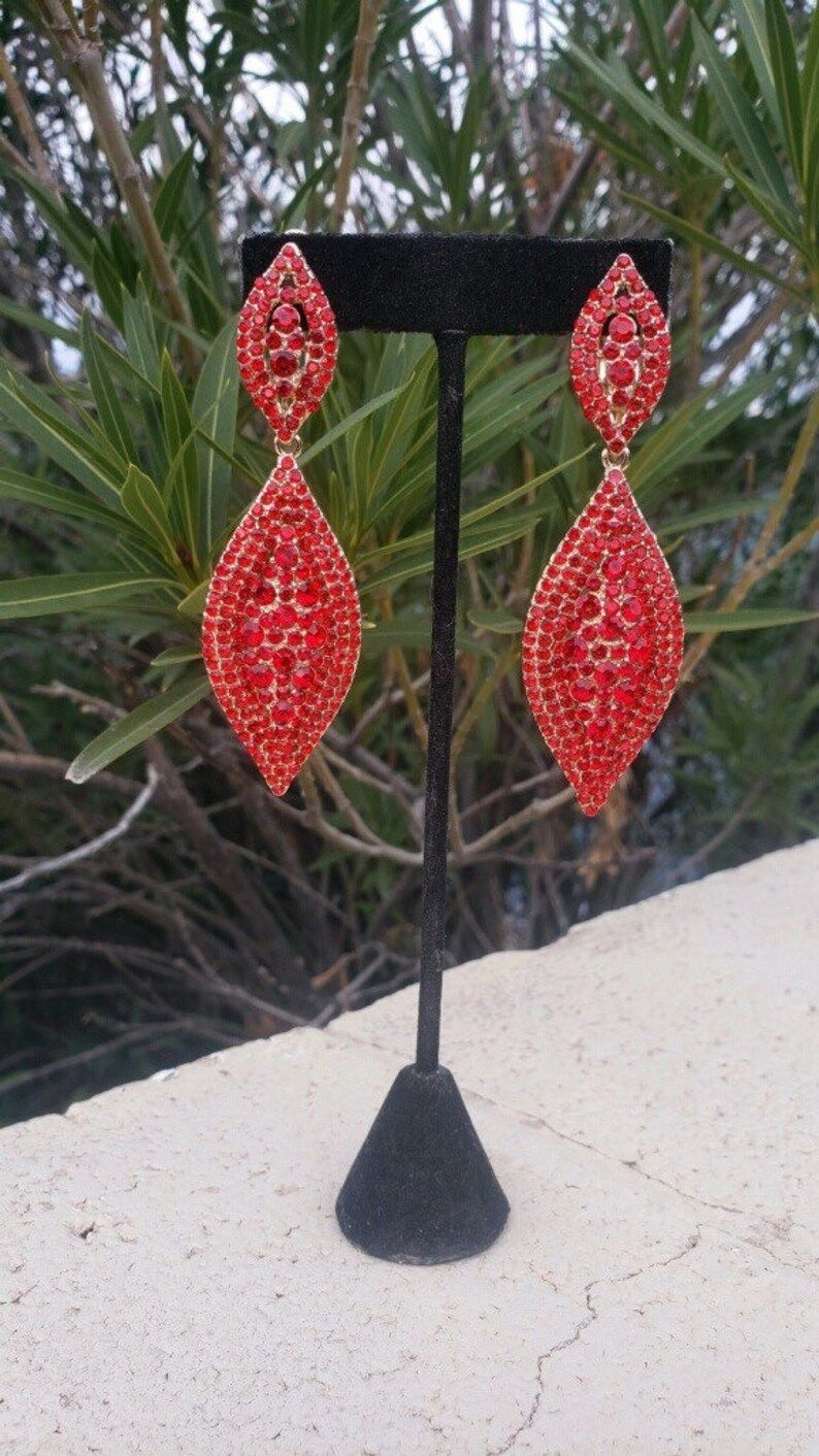 Red clip on earrings, Long red earrings, red pageant clip on earrings, red rhinestone clip earrin... | Etsy (US)