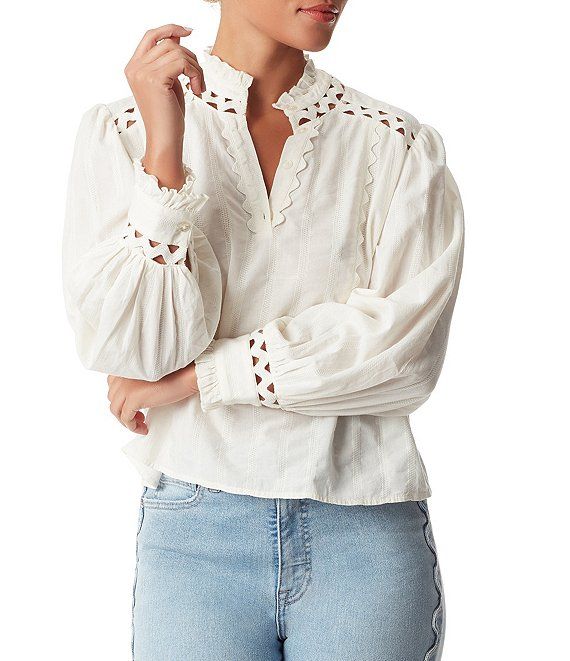 Vida Woven Split V-Neck Long Sleeve Eyelet Detail Blouse | Dillard's