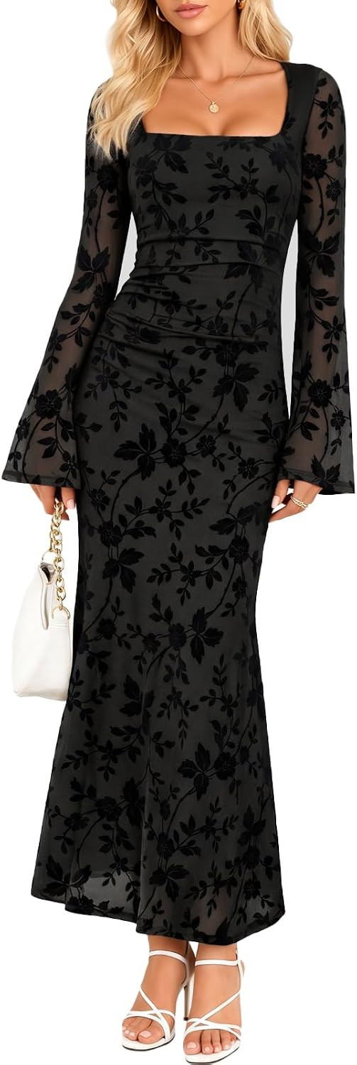 Women's Floral Bodycon Maxi Dress Square Neck Bell Long Sleeve Mesh Elegant Wedding Guest Cocktail Party Dresses | Amazon (US)