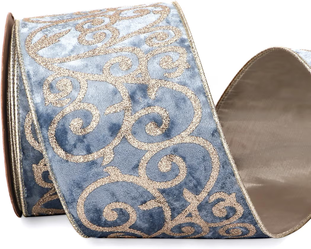 Ribbli Dusty Blue Velvet Ribbon Wired with Glitter Swirl 4 Inch Christmas Ribbon for Christmas Tr... | Amazon (US)