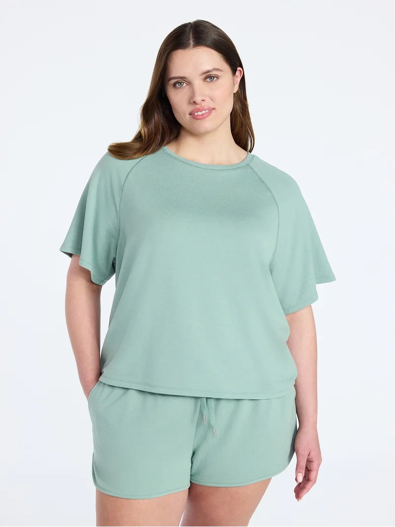 Joyspun Women's French Terry Lounge Sleep Short Sleeve Top and Shorts Set, 2-Piece, Sizes XS-3X | Walmart (US)