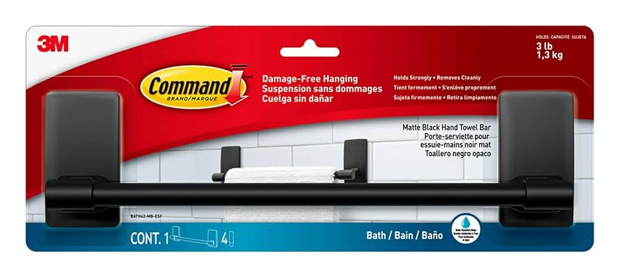 Command Hand Towel Bar Matte Black with Water Resistant Command Strips, Bathroom Décor, 9 in Bar... | Amazon (US)