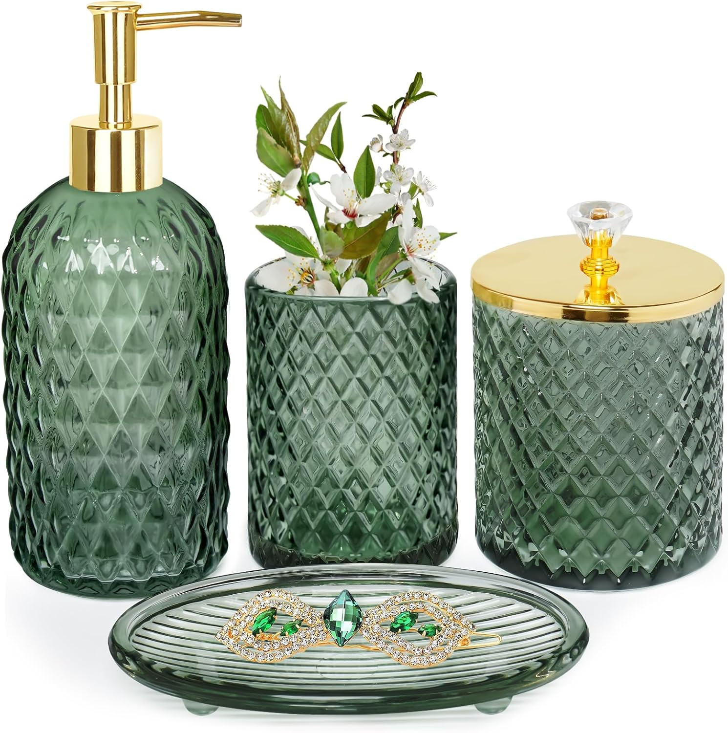 Bathroom Accessories Set, 4Pcs Sage Green Glass Bathroom Set Complete w/Bathroom Soap Dispenser S... | Amazon (US)