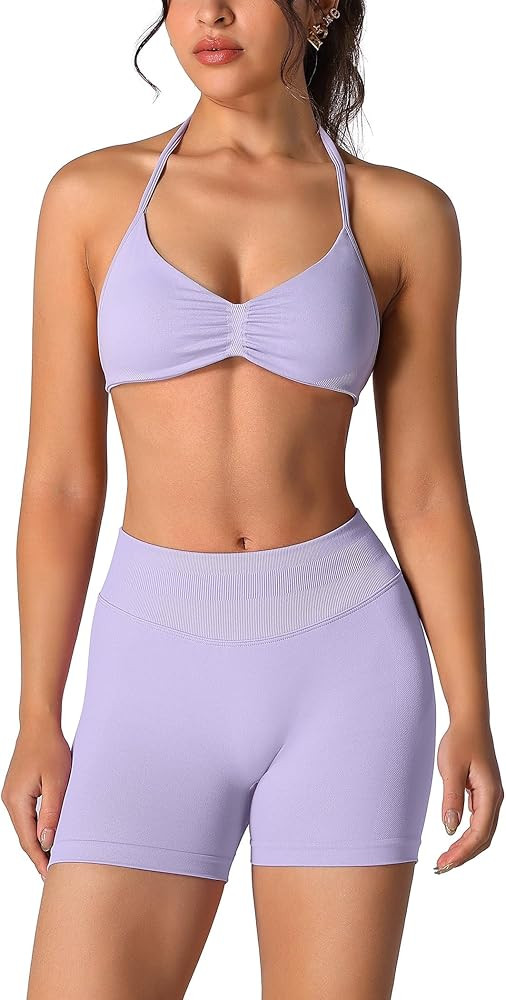ABOCIW Womens Seamless Workout Sets 2 Piece Strappy Halter Sports Bra Scrunch Butt Shorts Gym Yog... | Amazon (US)
