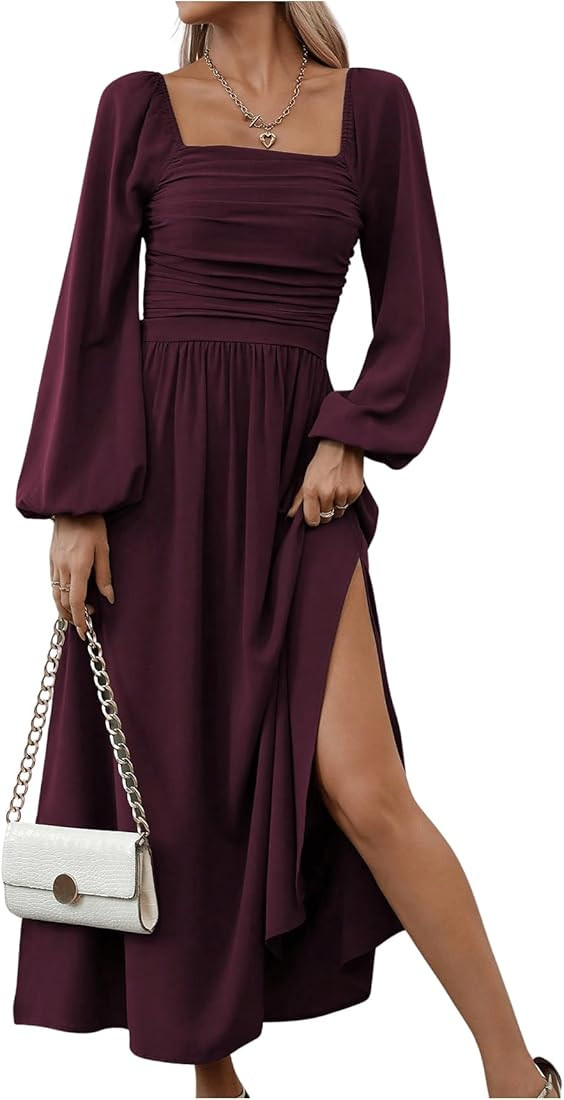 Floerns Women's Square Neck Lantern Long Sleeve Dress Split Ruched Party Midi Dresses | Amazon (US)
