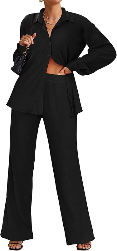 Ekouaer Lounge Set for Women Button Down 2 Pieces Outfits Long Sleeve Pajamas Loungewear with Poc... | Amazon (US)