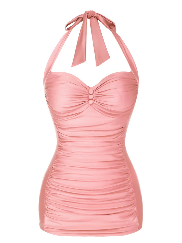 Red 1950s Solid Gathered Halter Swimsuit | Retro Stage