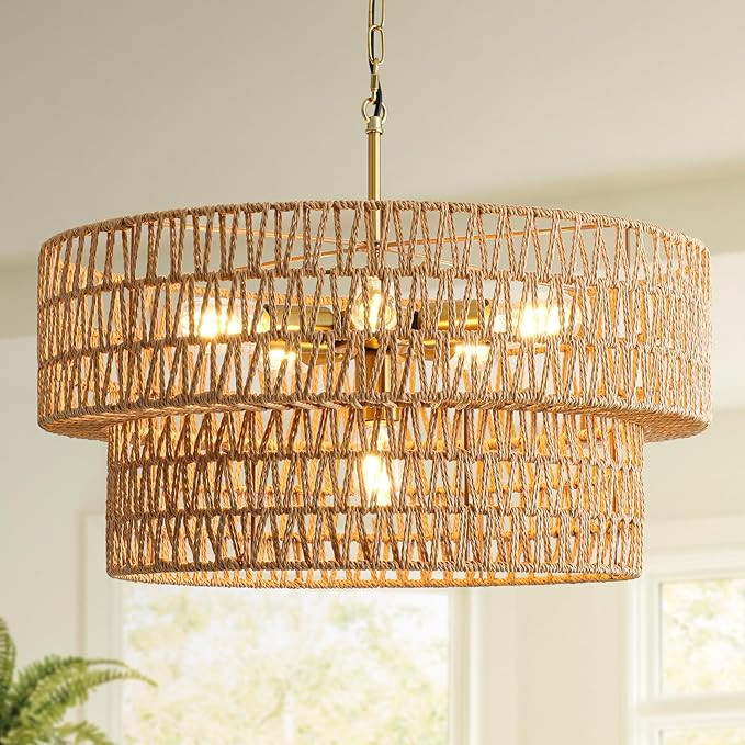 23.6" Boho Rattan Chandelier, 6-Light Large Rattan Pendant Light with 2-Tier Wicker Shade, Bohemi... | Amazon (US)