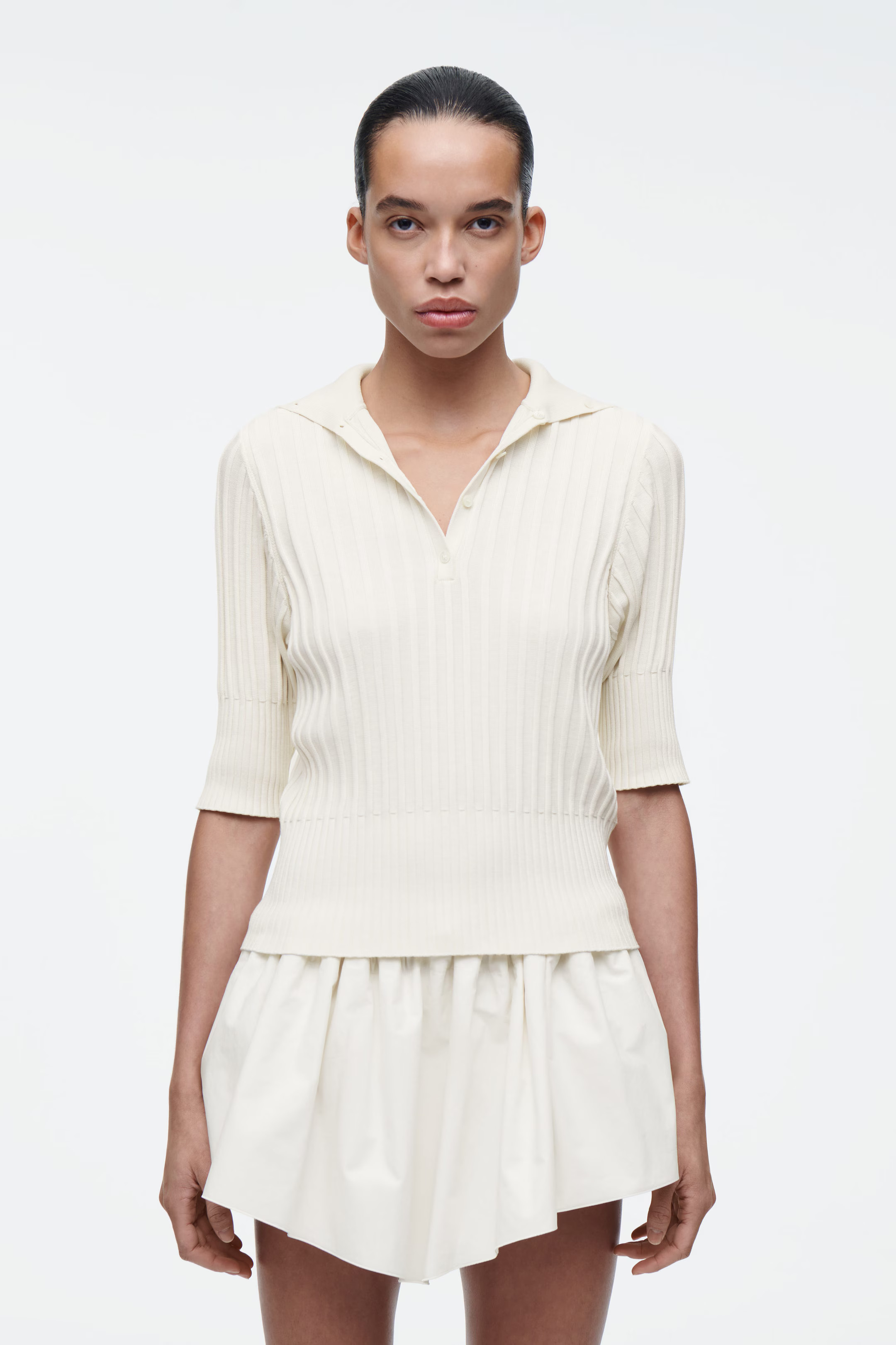 RIB-KNIT SILK POLO TOP - ECRU | COS UK