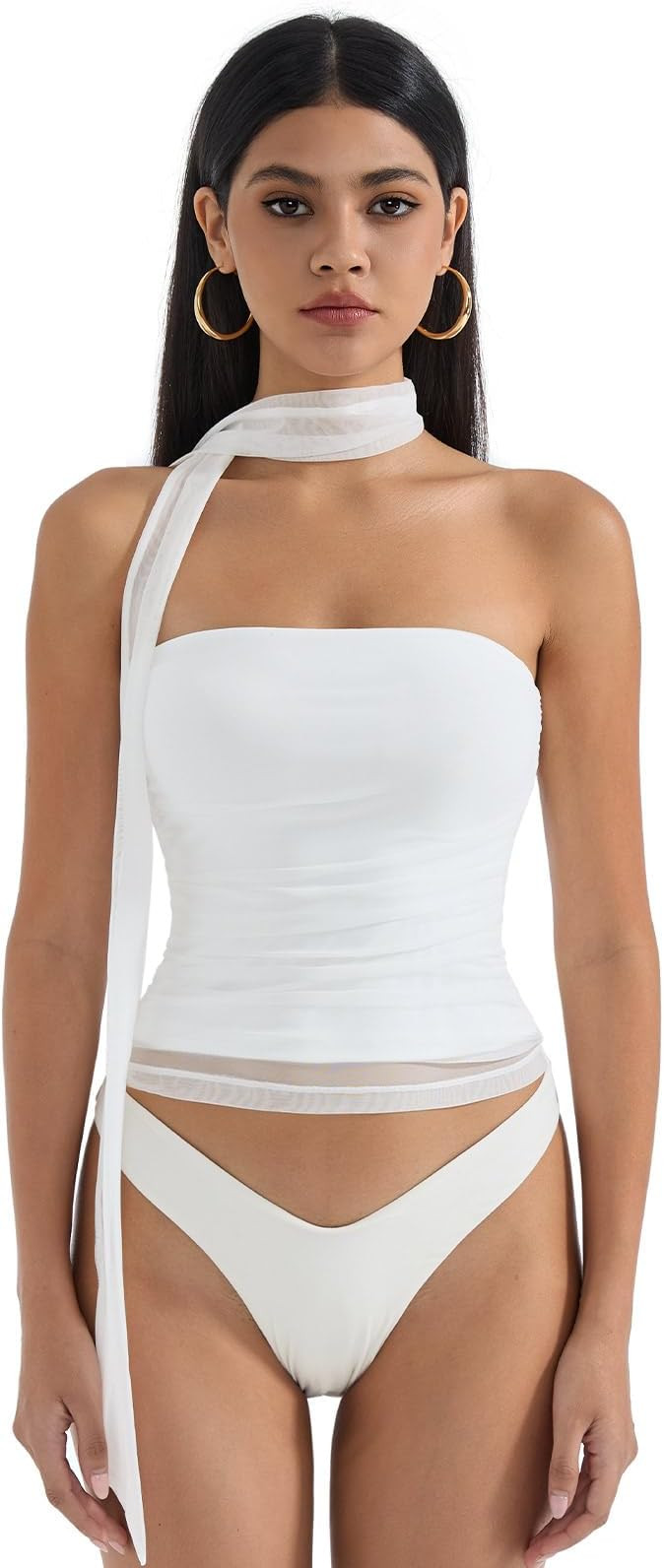 SUUKSESS Women Ruched Strapless Mesh Tube Top Y2k Sleeveless Bandeau Tank Tops with Scarf 2025 | Amazon (US)
