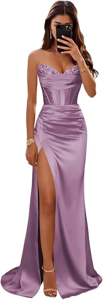 Strapless Mermaid Prom Dresses 2026 Satin Corset Formal Party Dress with Slit | Amazon (US)