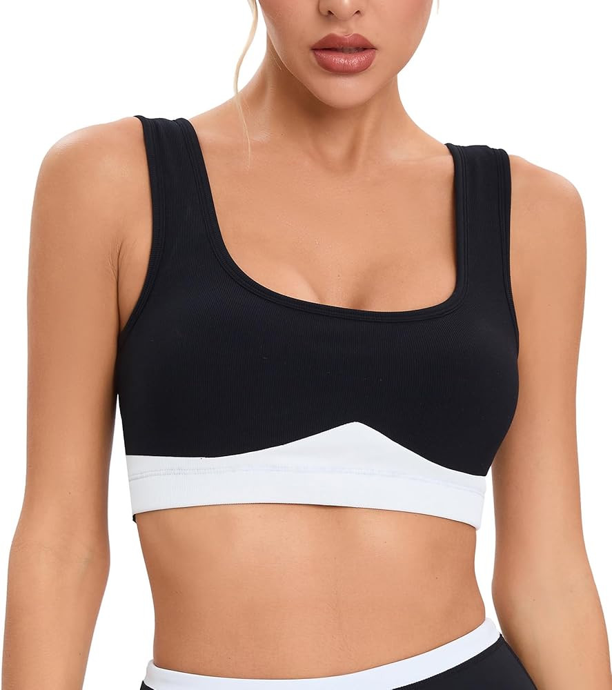 Mustcan Ribbed Padded Built in Sports Bras for Women Square Neck Yoga Medium Support Exercise Wor... | Amazon (US)