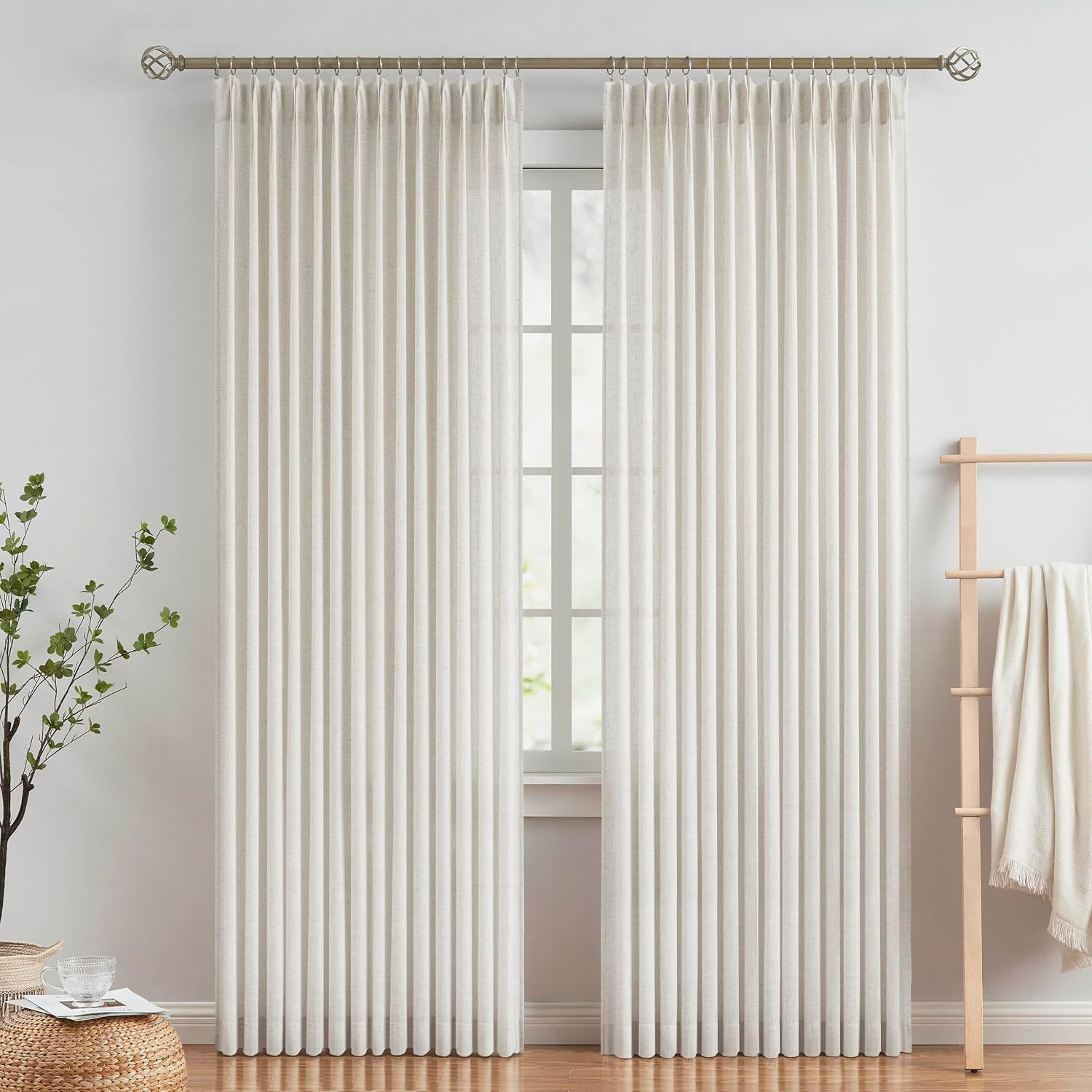 Vision Home Natural Linen Pinch Pleated Semi Sheer Curtains 42Wx90Lx2 | Amazon (US)