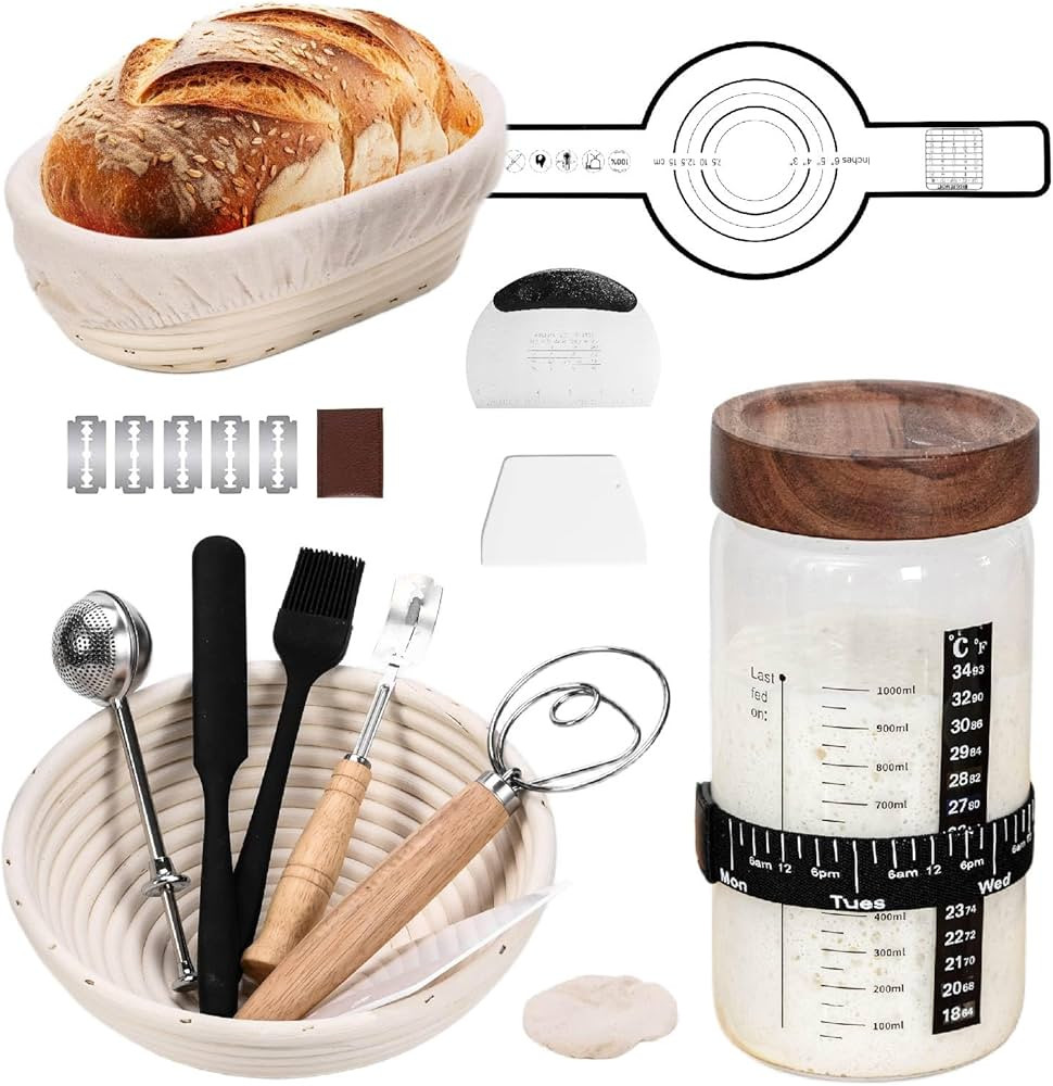 Sourdough Bread Baking Supplies and Starter Kit,40oz Sourdough Starter Jar with sealed Lid,2 Bann... | Amazon (US)