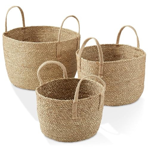 Casafield Set of 3 Braided Seagrass Baskets with Jute Handles - Natural, Woven Storage Basket Planters, Boho Decor for Entryway, Living Room, Bedroom | Amazon (US)