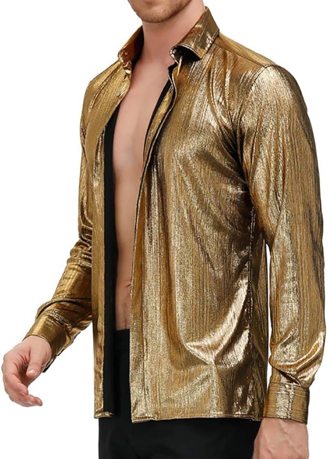 PJ PAUL JONES Men's 70s Disco Shirts Luxury Metallic Sequins Button Down Long Sleeve Party Shirt ... | Amazon (US)