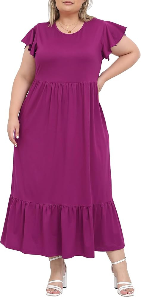 Moon Wood Women's Plus Size Maxi Dress Crew Neck Ruffle Short Sleeve Summer Casual Dresses with P... | Amazon (US)