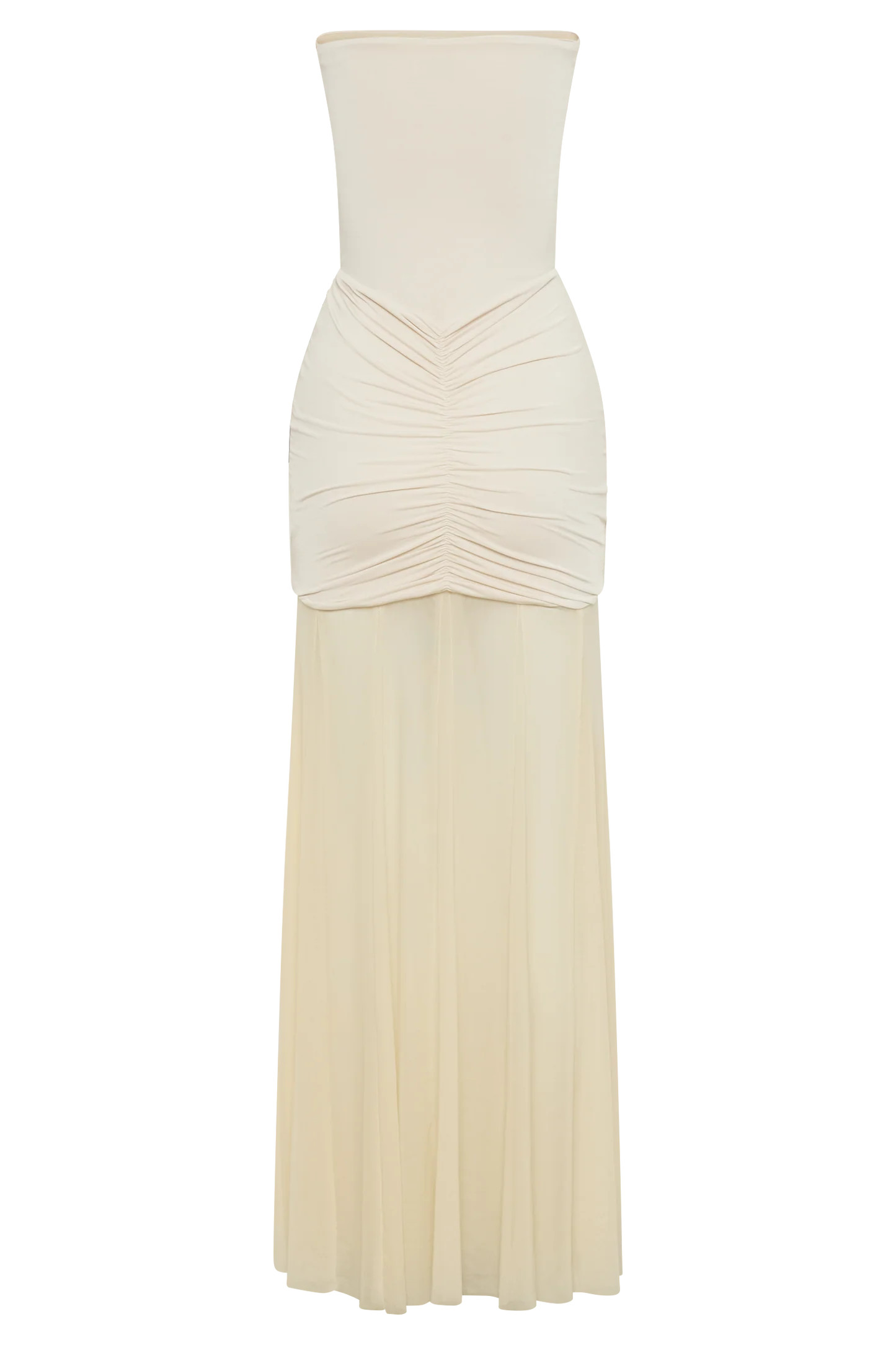 Caspian Slinky And Mesh Off Shoulder Maxi Dress - Ivory | MESHKI US