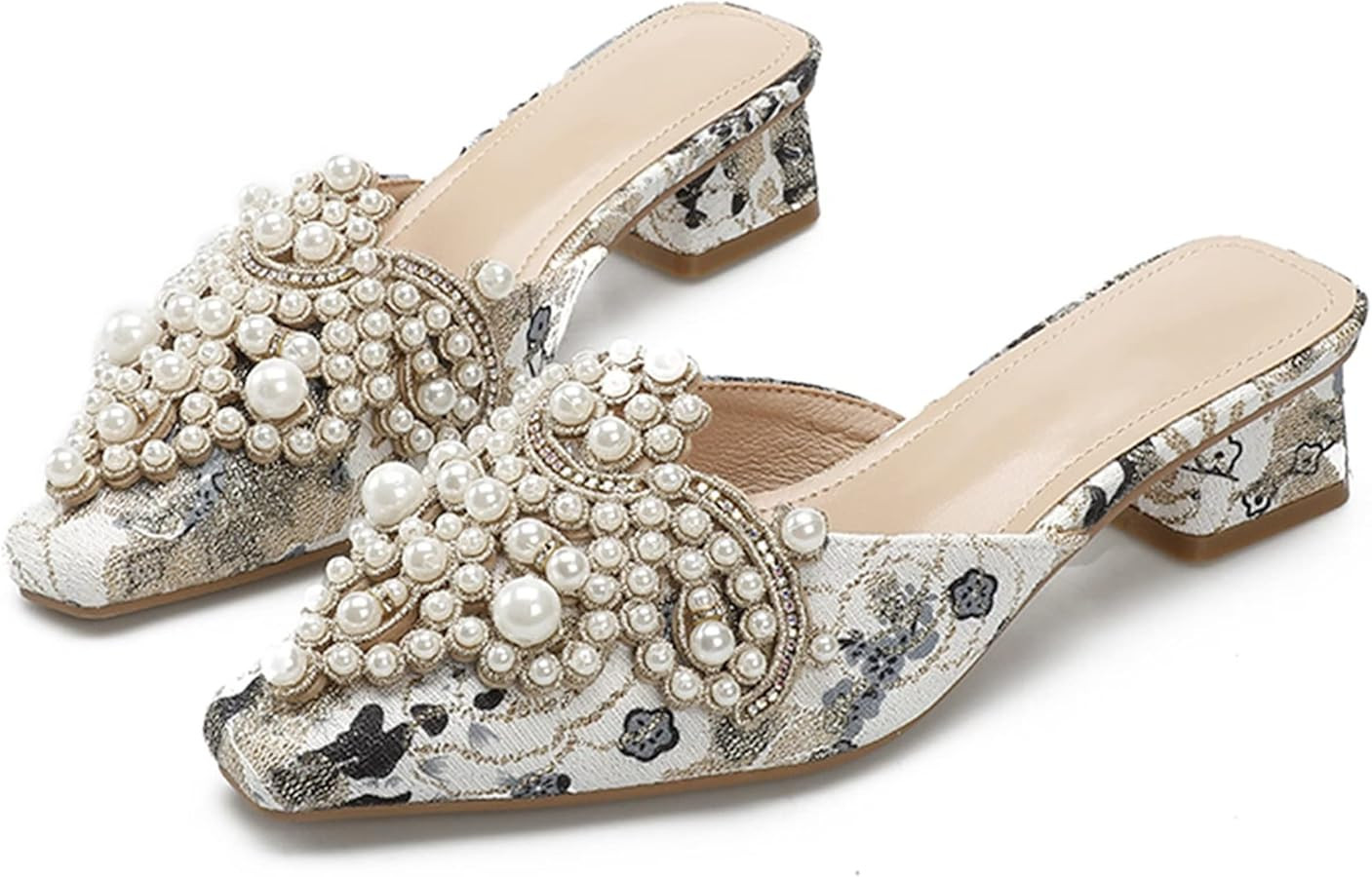 INEELUYI Women's Square Toe Mules Shoes Pearl Chunky Heel Backless Slides Mules Shoes Summer | Amazon (US)