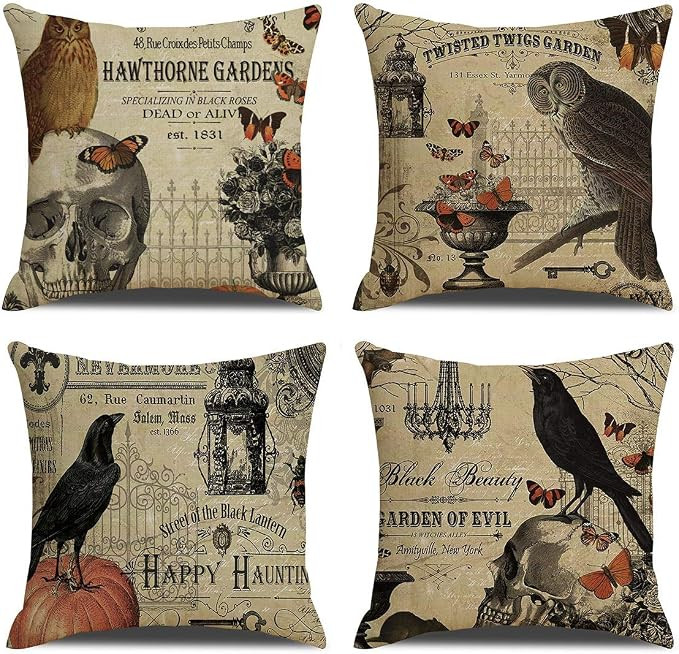 RUOAR Pack of 4 Vintage Halloween Throw Pillow Covers for Owl/Crow/Pumpkin/Skull Throw Pillow Cov... | Amazon (US)