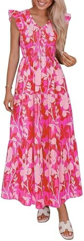 PRETTYGARDEN Women's Boho Floral Maxi Dress 2026 Summer Smocked V Neck Ruffle Sleeve Spring Flowy... | Amazon (US)
